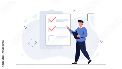 Man checking off tasks on a clipboard, successful completion, checklist concept
