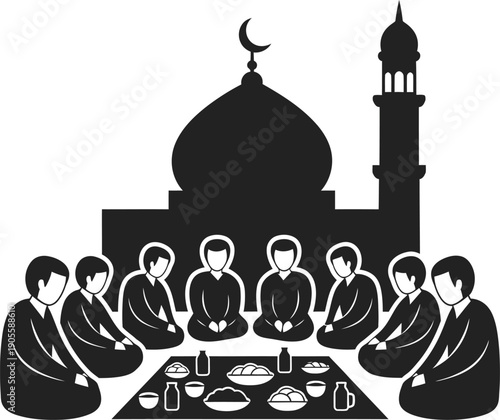 Group of muslim men enjoying iftar meal, traditional arabic gathering of individuals sharing food and drinks in front of a mosque, festive feast with various dishes