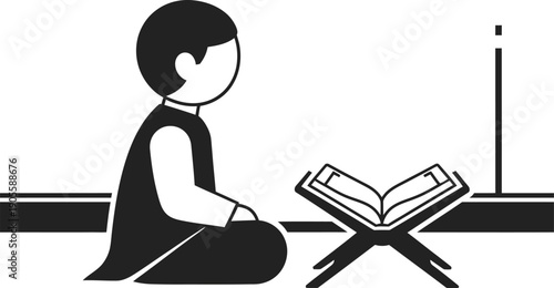 Muslim man reading quran during ramadan, devout individual engaged in spiritual practice on a prayer mat, embodying faith and devotion in quiet contemplation