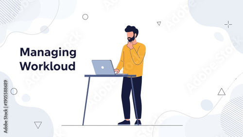 Man managing workload on laptop at standing desk, modern office concept