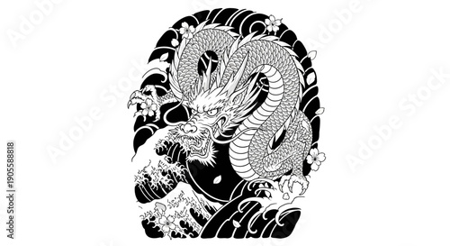 Traditional Japanese Dragon Tattoo Art with Waves