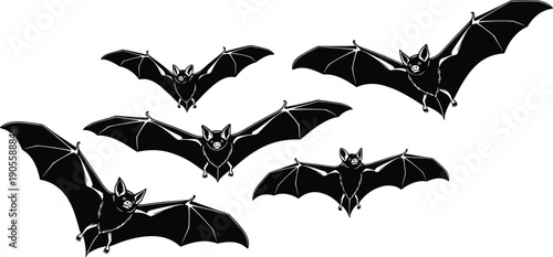 Set of five black bat silhouettes in flight with detailed wings and pointed ears, perfect for Halloween design, nocturnal animal illustration, and spooky vector art.
