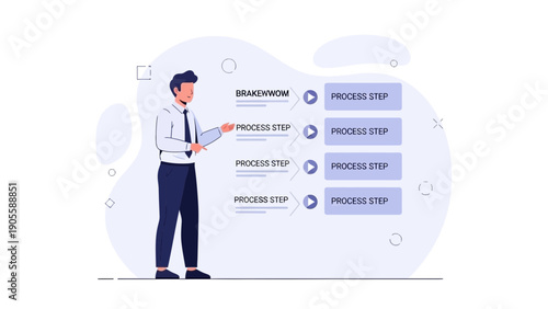 Business Man Explaining Workflow Process Steps and Strategy