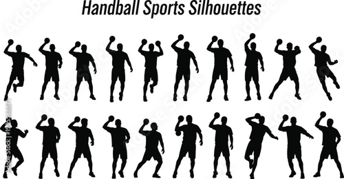 Collection of twenty black handball player silhouettes in dynamic action poses, perfect for sports illustration, athletic vector art, fitness design, and competitive game graphics.