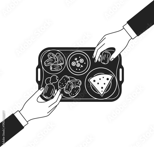 Sharing platter with dates, pastries, and dip, hands reaching to serve, traditional Middle Eastern hospitality, culinary offering, appetizer selection, social gathering food