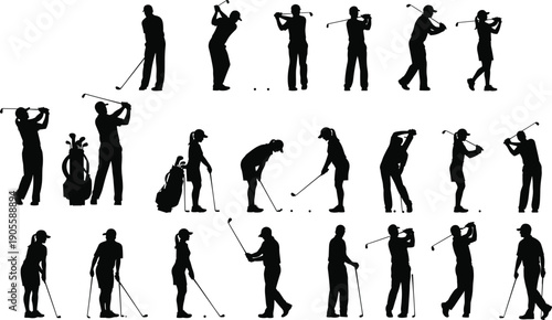 Dynamic collection of twenty golf silhouettes showing male and female players in swing, stance, and walking poses, sports illustration for design, education, and creative projects
