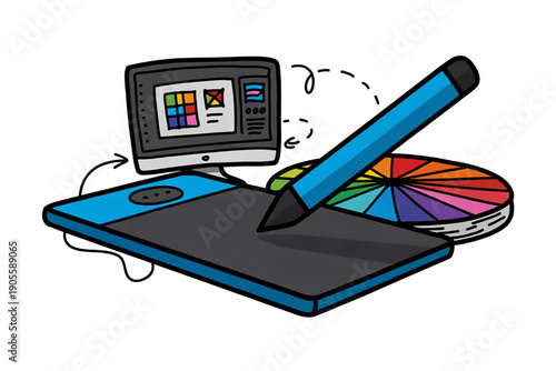 Digital art creation with a graphics tablet stylus and color wheel illustrating the concept of graphic design and digital illustration for creative projects