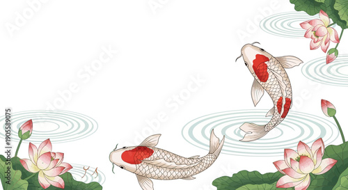 Koi fish swimming among lotus flowers, serene pond, Asian culture, peaceful water scene
