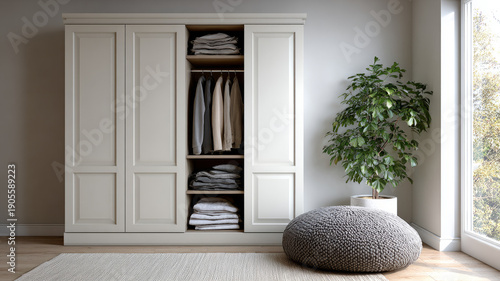 Modern wardrobe with open door displaying clothes next to indoor plant