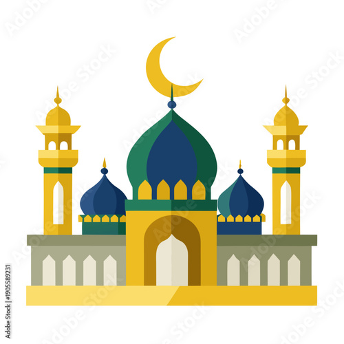 A colorful illustration of a mosque with domes and minarets
