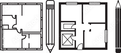 Architectural floor plans of rooms with pencils, symbolizing real estate, design, planning, and construction projects.