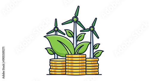 Green energy investment concept: coins, wind turbines and leaves