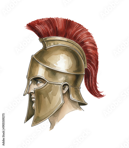 Determined Caucasian man in profile wearing ancient Greek Spartan helmet with a vibrant red plume looking forward in a serious mood