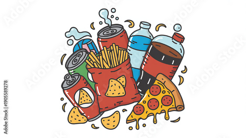 Unhealthy fast food and soda collection cartoon style illustration for unhealthy lifestyle concept isolated on white background