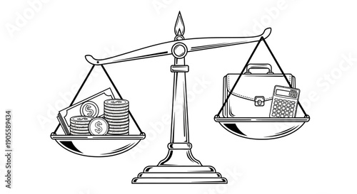 Balance Scale Weighing Money vs. Business Briefcase and Calculator