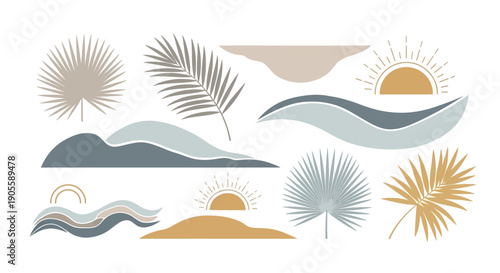 Abstract Landscape Elements: Sun, Waves, Hills, Palm Leaves Mid Century Style
