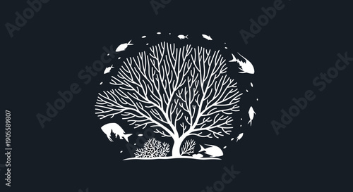 White Tree of Life with Marine Creatures in Circle