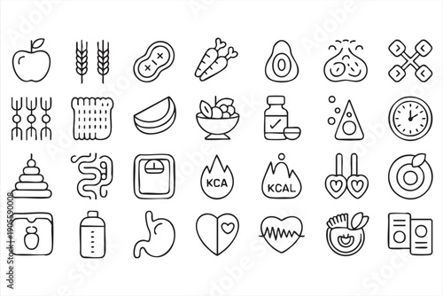 Black and White Food and Health Outline Icons for Calorie Tracking