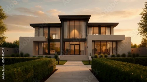 Cinematic Golden Hour Glide Toward Modern Luxury Villa Exterior with Glass Facade and Garden