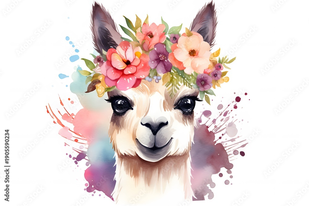 Obraz premium Cute Llama with Flowers Watercolor Illustration