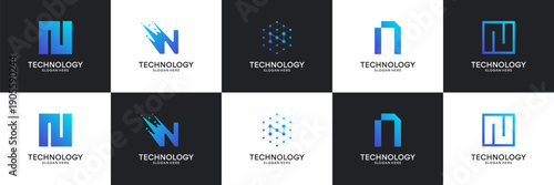 Set of modern initial letter N tech logo. Abstract  icon for technology, internet, digital.
