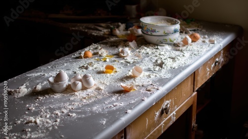 Messy Kitchen Counter with Broken Eggs and Flour Scattered During Baking Session
