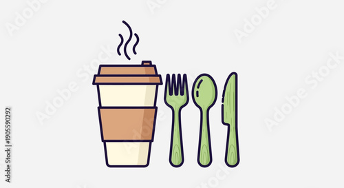 Hot Beverage Cup with Disposable Cutlery Set, To Go Meal Icon