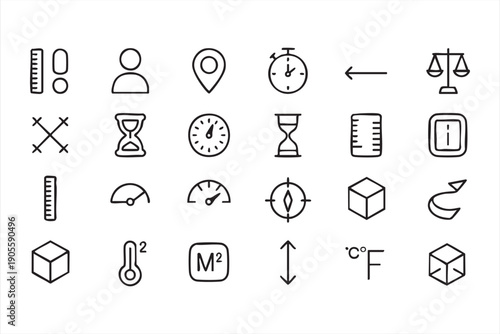 Black and White Dimension and Scale Outline Icons for Architecture