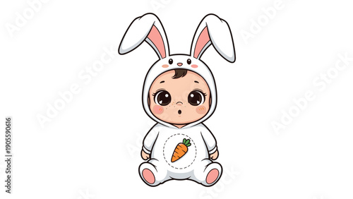 Cute baby wearing a white rabbit onesie with long ears and carrot patch sitting on white background for easter celebration.