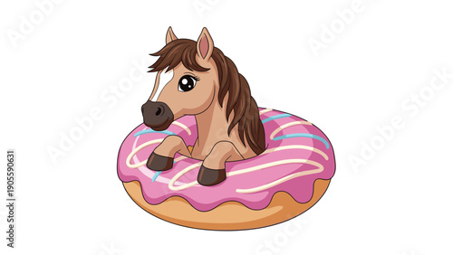 Funny cartoon illustration of a brown horse peeking out from a large pink glazed donut with sprinkles on white background.