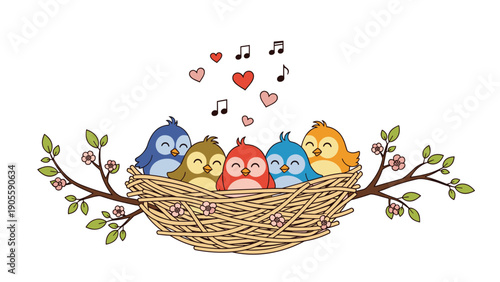 Group of five small colorful birds singing together inside a cozy nest on a flowering tree branch with hearts decoration.