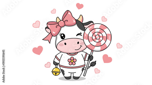Adorable cartoon cow wearing a white shirt and a pink bow holding a giant swirl lollipop surrounded by many pink hearts.