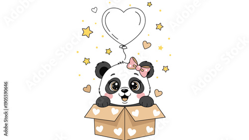 Cute baby panda with a pink bow sitting in a cardboard box decorated with hearts holding a heart balloon in the air.