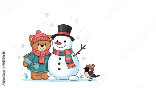 Cute teddy bear wearing a coat and scarf standing next to a smiling snowman with a little bird in winter snow scene.