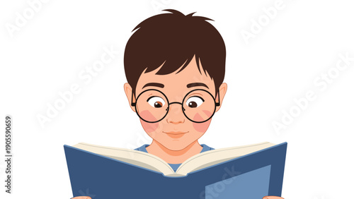 Young boy with glasses intently reading a blue book on a white background for education and learning concept illustration.