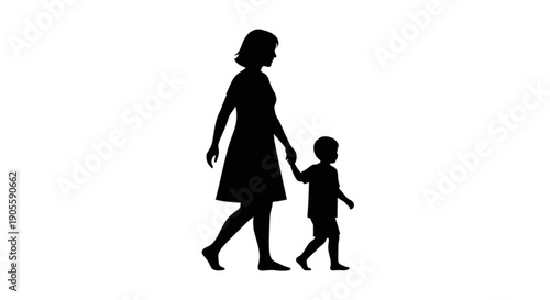 Mother Walking Hand in Hand with Child Silhouette Isolated on White Background