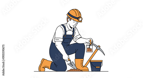 Construction Worker Kneeling with Hammer and Tools.