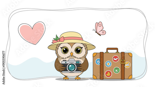 Traveling owl character wearing a sun hat holding a camera standing next to a vintage suitcase for vacation memories.