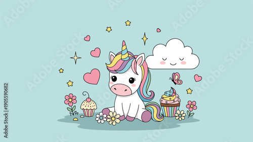 Magical white unicorn with rainbow hair sitting among cupcakes hearts flowers and a smiling cloud in sky background.