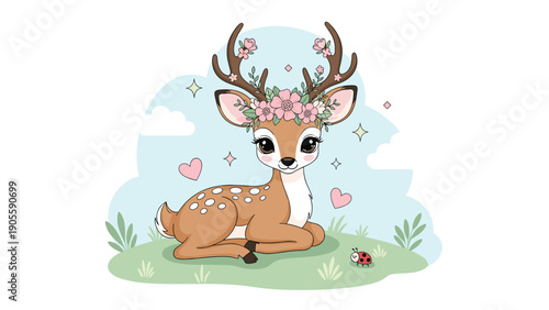 Beautiful young deer with a flower crown on its antlers resting in a peaceful meadow with hearts and a ladybug friend.