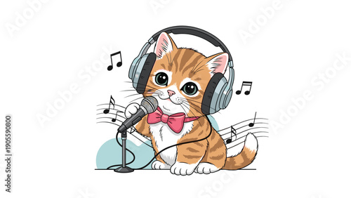 Adorable orange tabby kitten wearing headphones and singing into a microphone with musical notes in the background, perfect for music lovers.