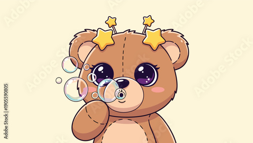 Cute brown teddy bear blowing soap bubbles and wearing a headband with yellow stars, isolated on a soft cream colored background.