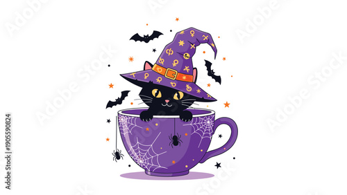 Spooky black cat wearing a purple witch hat decorated with stars and symbols, sitting inside a matching teacup for Halloween.