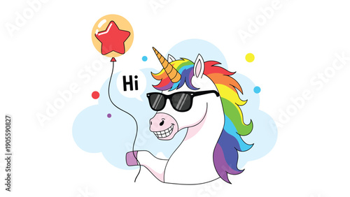 Cool cartoon unicorn with a rainbow mane and sunglasses smiling and holding a red star balloon, saying hi in a cloud background.
