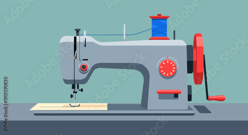Gray Sewing Machine with Red Accents.