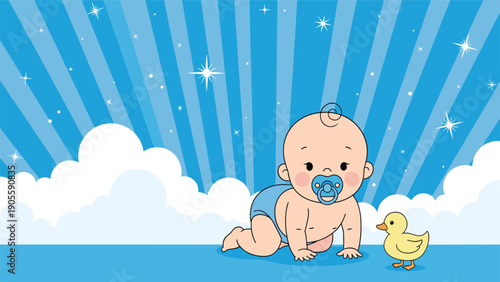 Sweet baby boy in a blue diaper crawling with a pacifier and a small yellow rubber duck in a blue sky with stars and clouds.