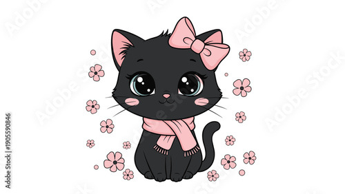 Adorable black kitten wearing a pink bow on its head and a matching pink scarf, surrounded by floating pink flowers and hearts.
