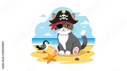 Adorable pirate cat wearing an eye patch and a skull hat, sitting on a sandy beach with a small bird and an orange starfish.