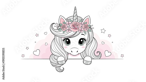 Beautiful unicorn head with a long flowing mane and a crown of pink roses, looking over a white border with stars and hearts.