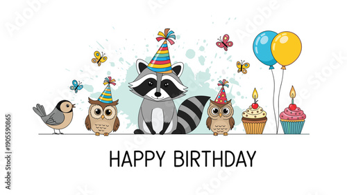 Cute raccoon and two small owls wearing party hats and celebrating a birthday with cupcakes, balloons, and butterflies.